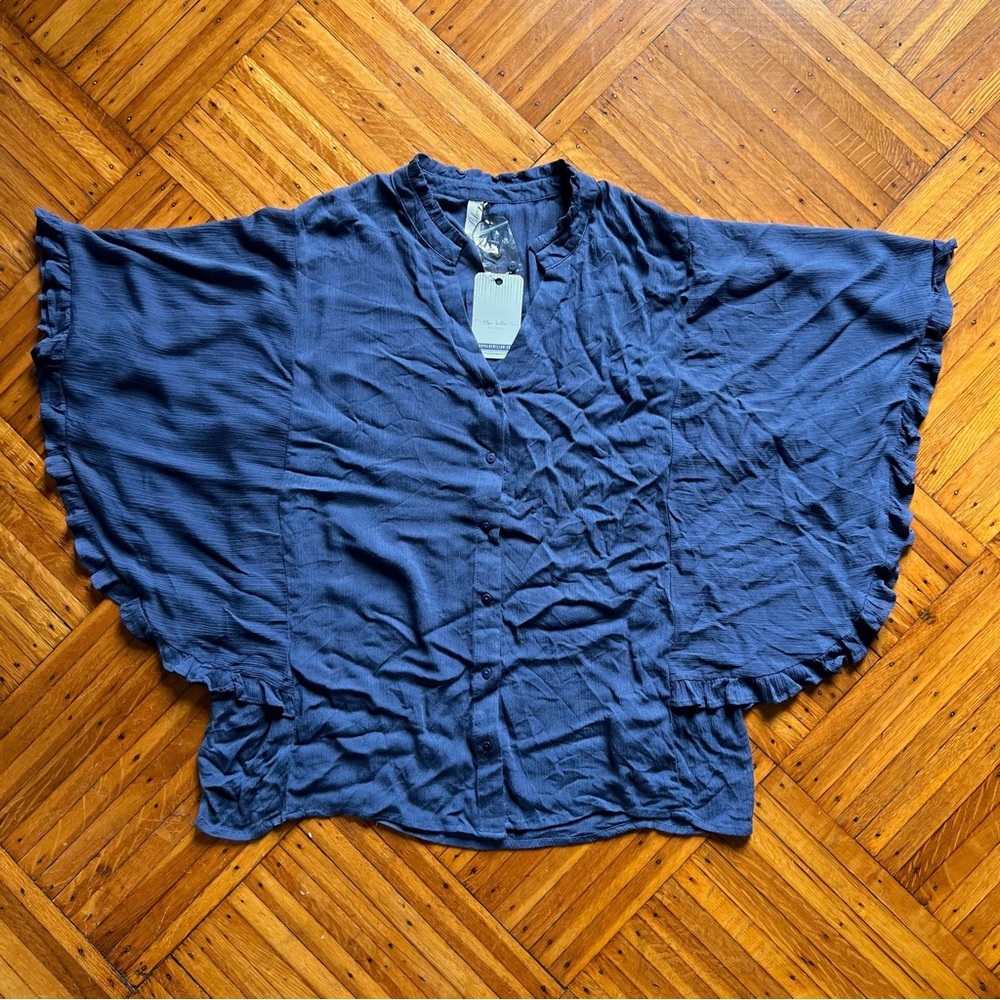 L love Slate Blue Sheer Top w/ Flutter Sleeves